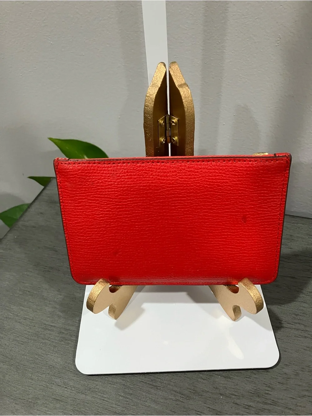 Tory Burch Red Leather Card Case with Colored Stripe Slots